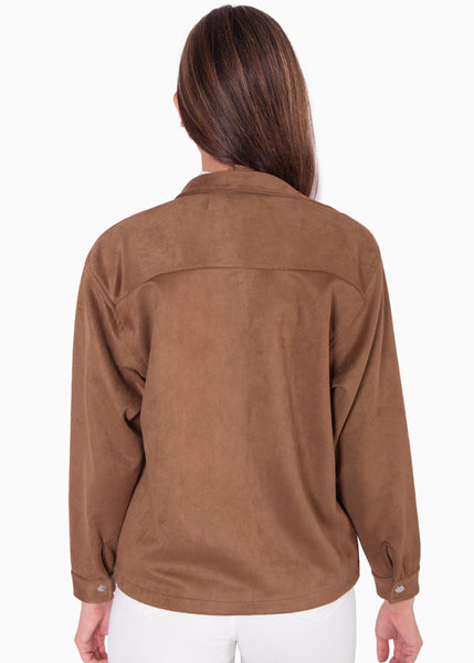 Chaqueta tipo gamuza con bolsillo y botones color café para mujer - Flashy