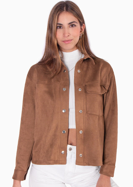 Chaqueta tipo gamuza con bolsillo y botones color café para mujer - Flashy