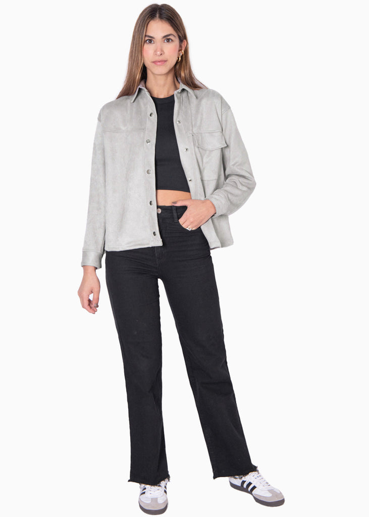 Chaqueta tipo gamuza con bolsillo y botones color gris para mujer - Flashy