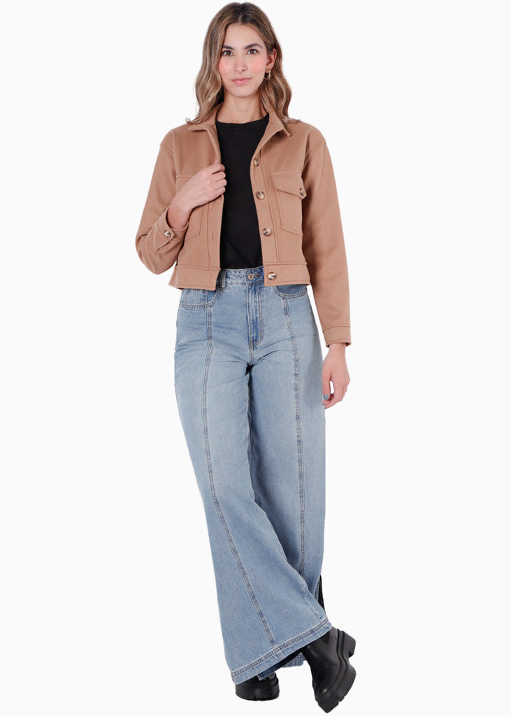 Chaqueta tipo gamuza con bolsillos y botones color café para mujer - Flashy