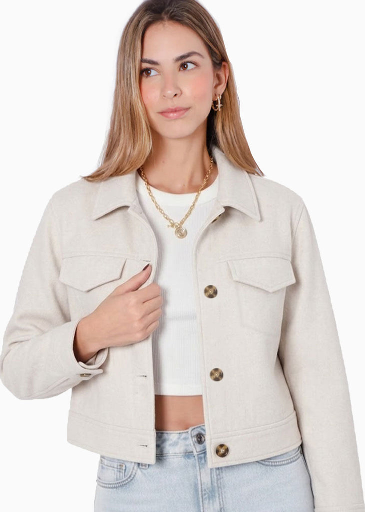 Chaqueta de paño con entrelazado en cuello y bolsillos - CEIBA.MARFIL