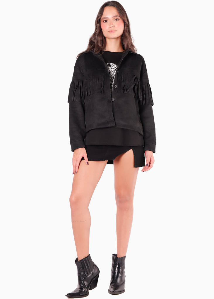 Chaqueta tipo gamuza con flecos y botones color negro para mujer - Flashy