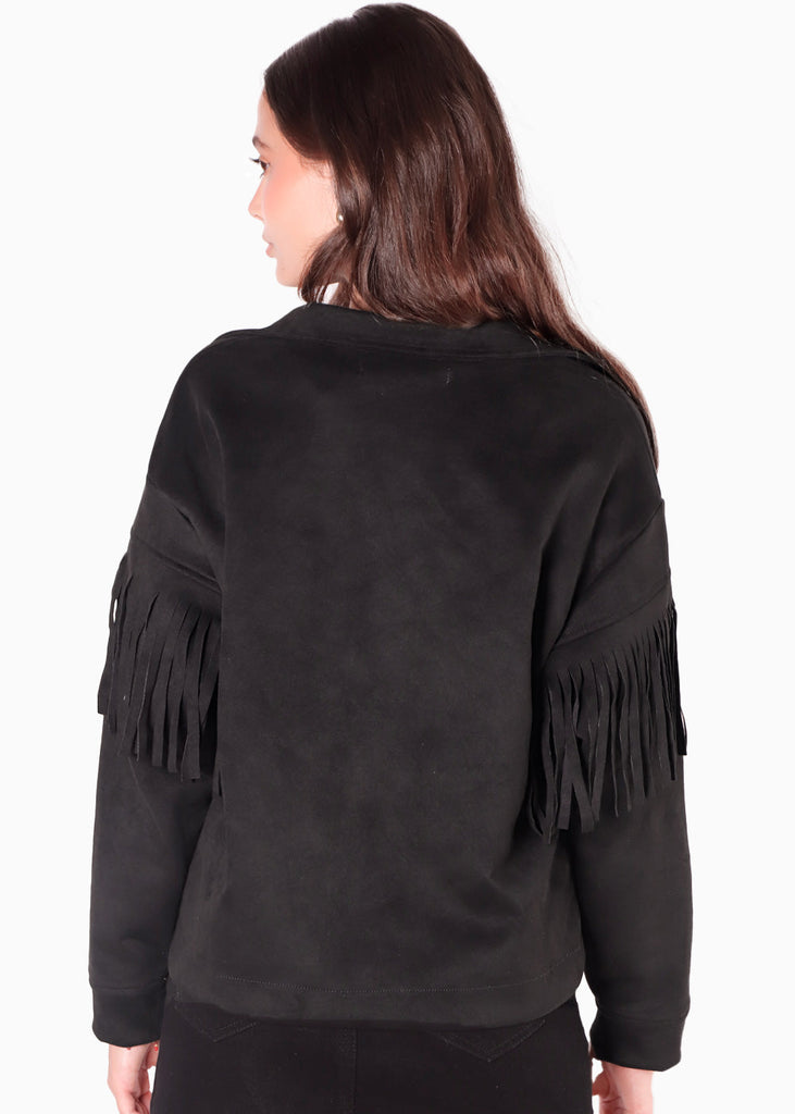 Chaqueta tipo gamuza con flecos y botones color negro para mujer - Flashy