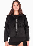Chaqueta tipo gamuza con flecos y botones color negro para mujer - Flashy