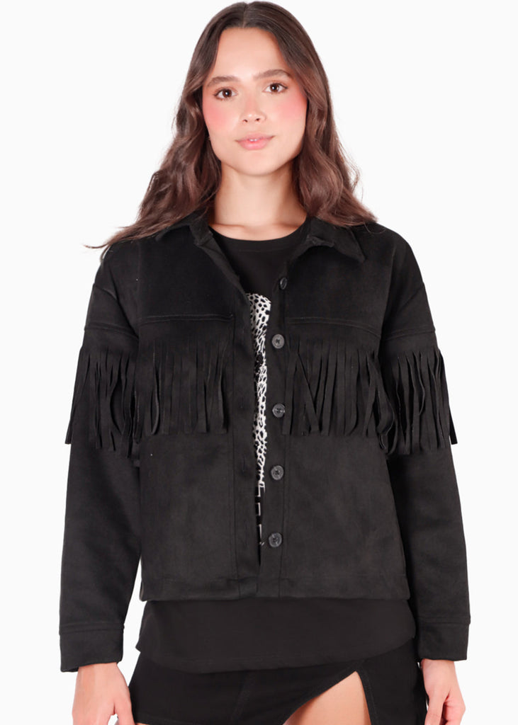 Chaqueta tipo gamuza con flecos y botones color negro para mujer - Flashy