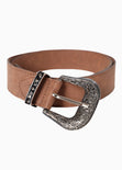 Cinturón tipo vaquero con hebilla plateada color café para mujer - Flashy