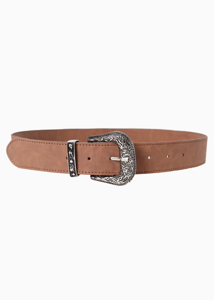 Cinturón tipo vaquero con hebilla plateada color café para mujer - Flashy