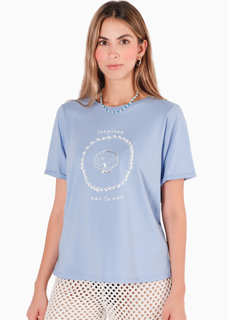 Camiseta con estampado y bordado color azul para mujer - Flashy
