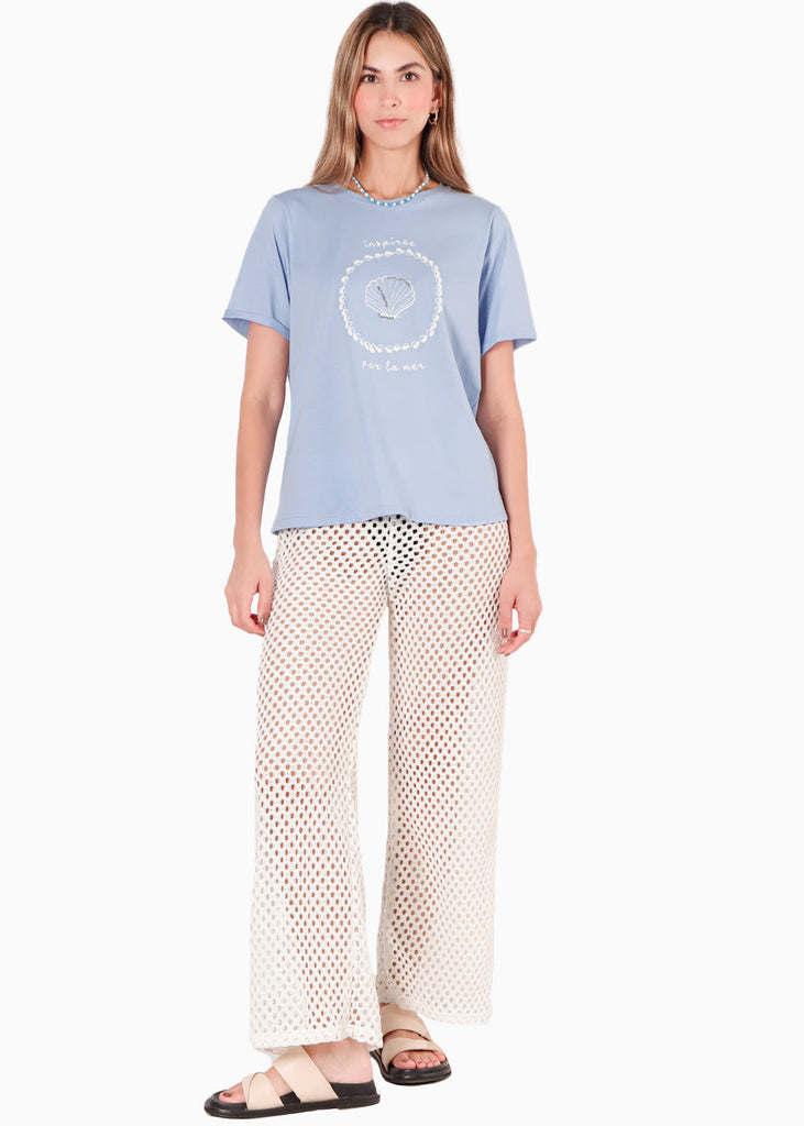 Camiseta con estampado y bordado color azul para mujer - Flashy