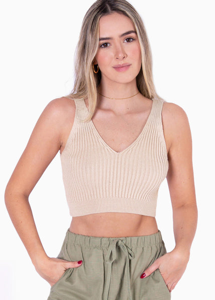 Crop tejido con escote en v color beige para mujer - Flashy