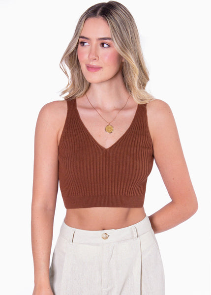 Crop tejido con escote en v color café para mujer - Flashy
