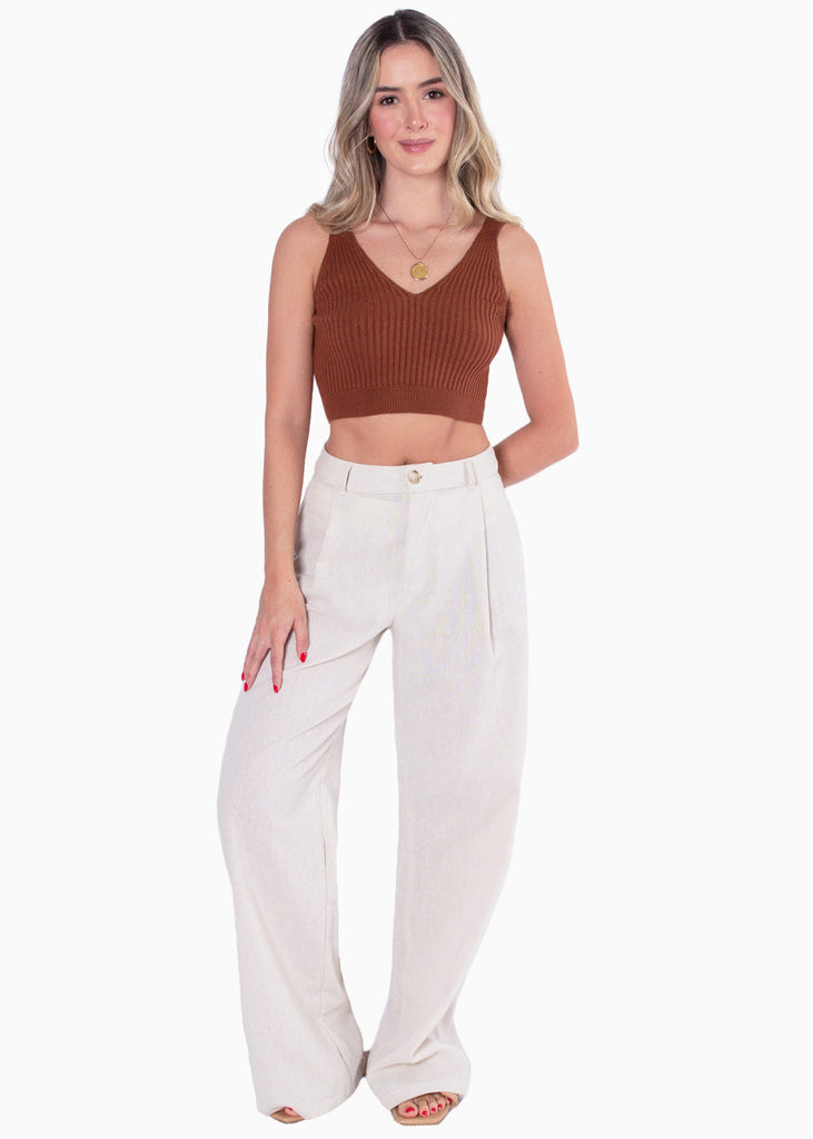 Crop tejido con escote en v color café para mujer - Flashy