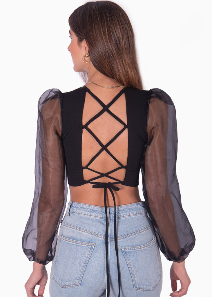 Crop top con anudados en espalda color negro para mujer - Flashy
