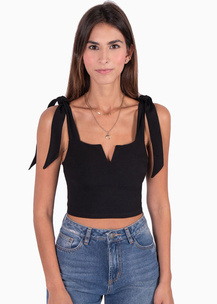 Crop top con anudados en tiras color negro para mujer - Flashy