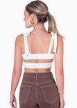 Crop top con anudados en tiras y elástico en espalda color marfil para mujer - Flashy