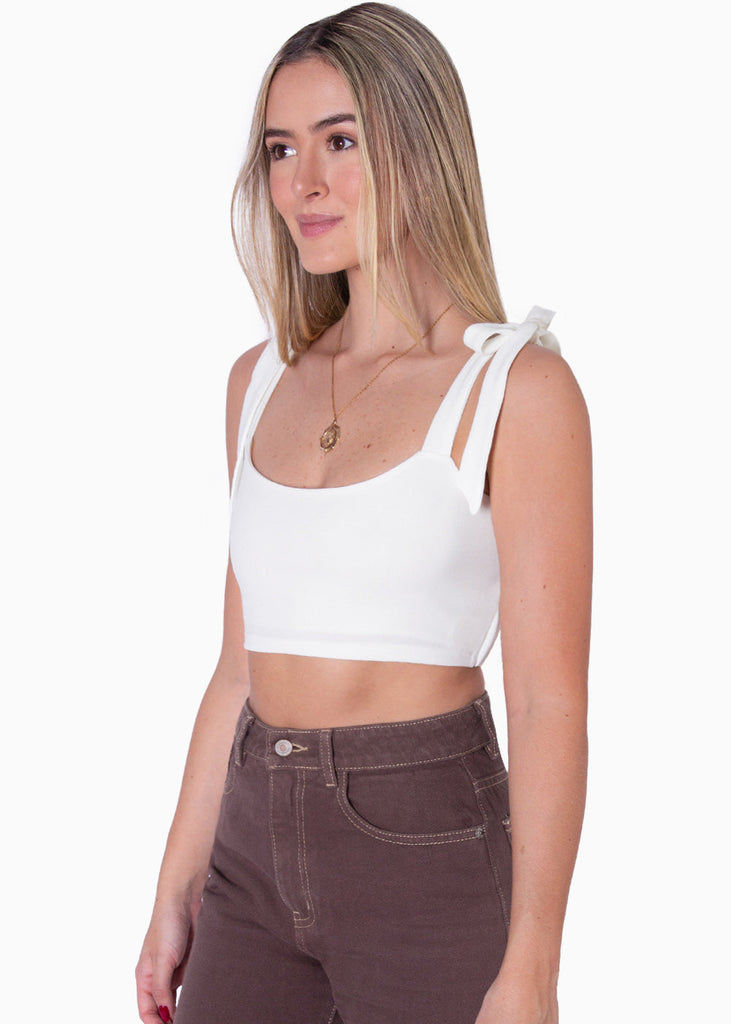 Crop top con anudados en tiras y elástico en espalda color marfil para mujer - Flashy