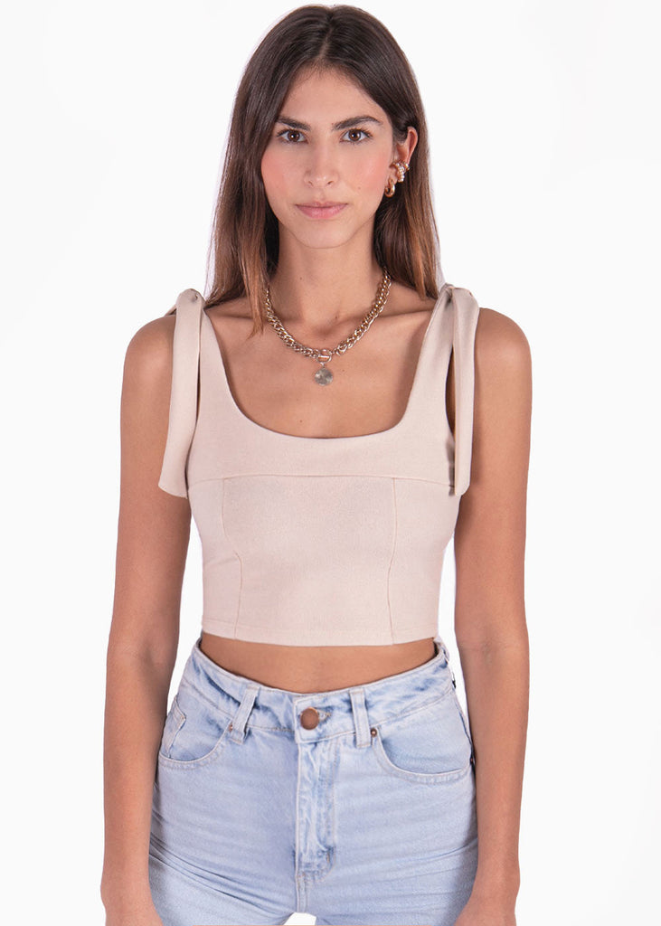 Crop top con anudados en tiras y escote cuadrado color beige para mujer - Flashy