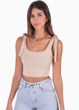 Crop top con anudados en tiras y escote cuadrado color beige para mujer - Flashy