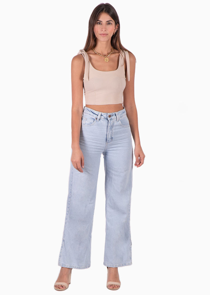 Crop top con anudados en tiras y escote cuadrado color beige para mujer - Flashy
