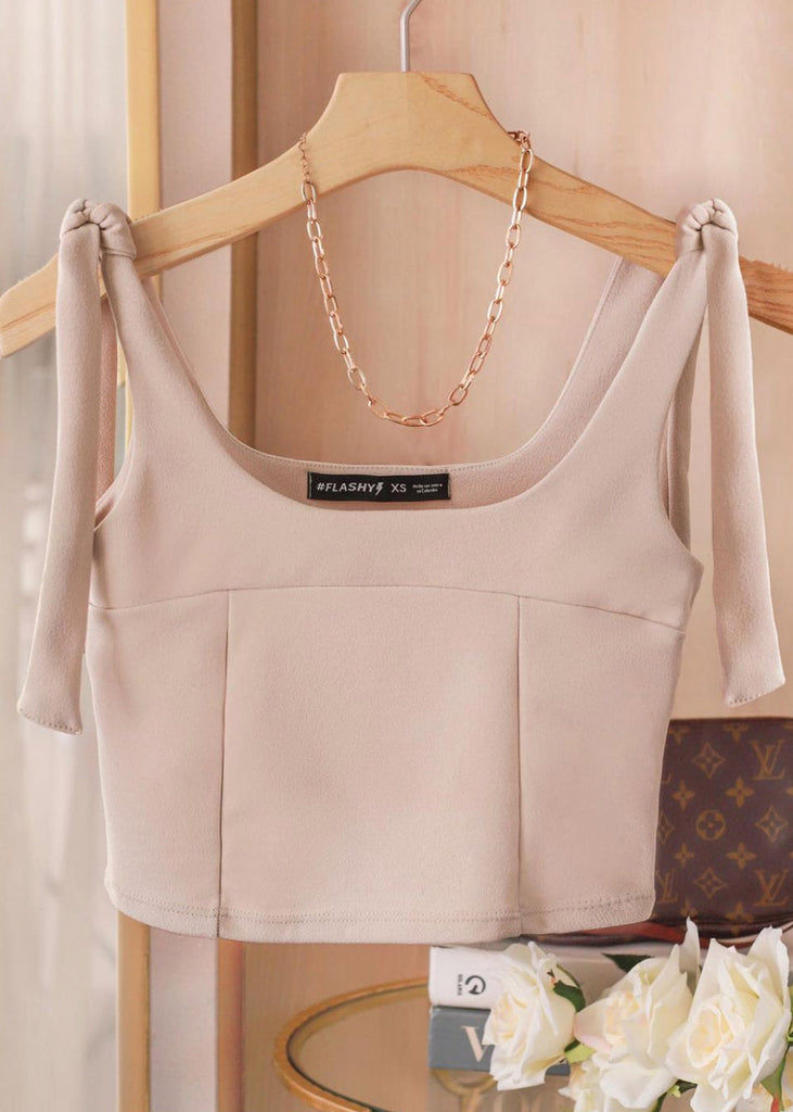 Crop top con anudados en tiras y escote cuadrado color beige para mujer - Flashy