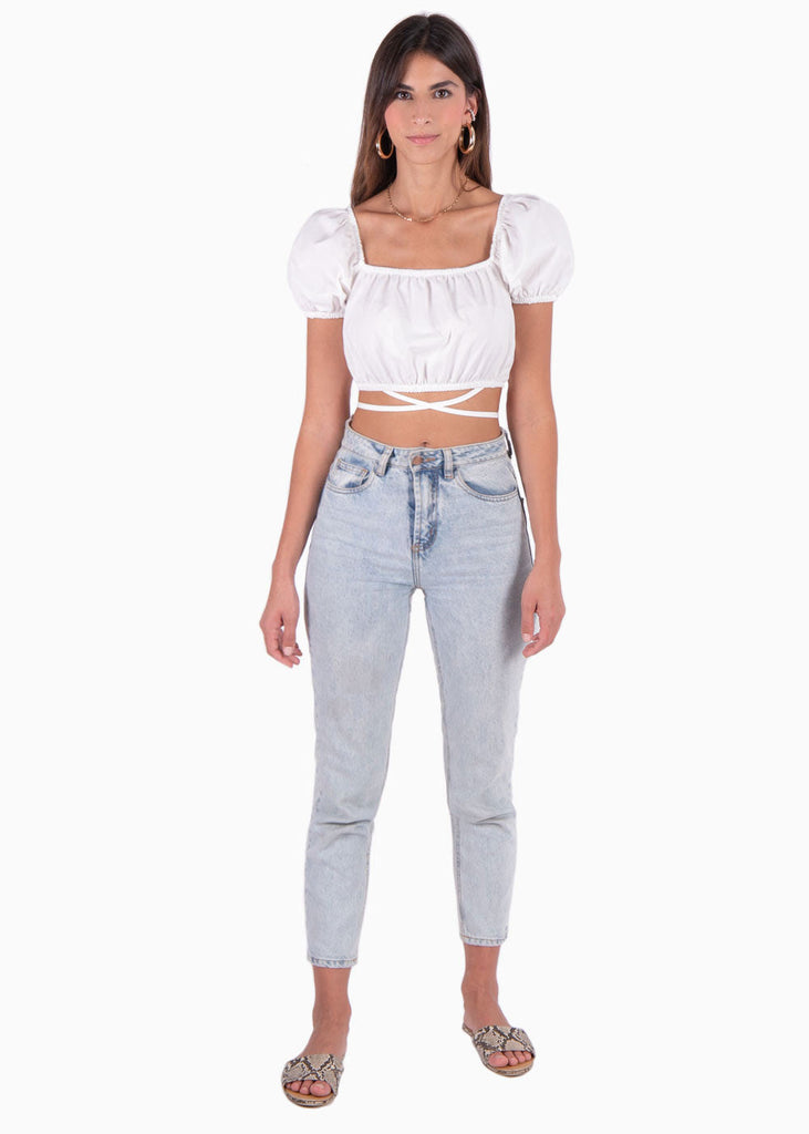Crop top con anudados y mangas embombadas color blanco para mujer - Flashy