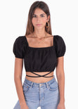 Crop top con anudados y mangas embombadas color negro para mujer - Flashy