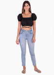 Crop top con anudados y mangas embombadas color negro para mujer - Flashy