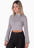 Crop top con cuello alto manga larga color gris para mujer - Flashy