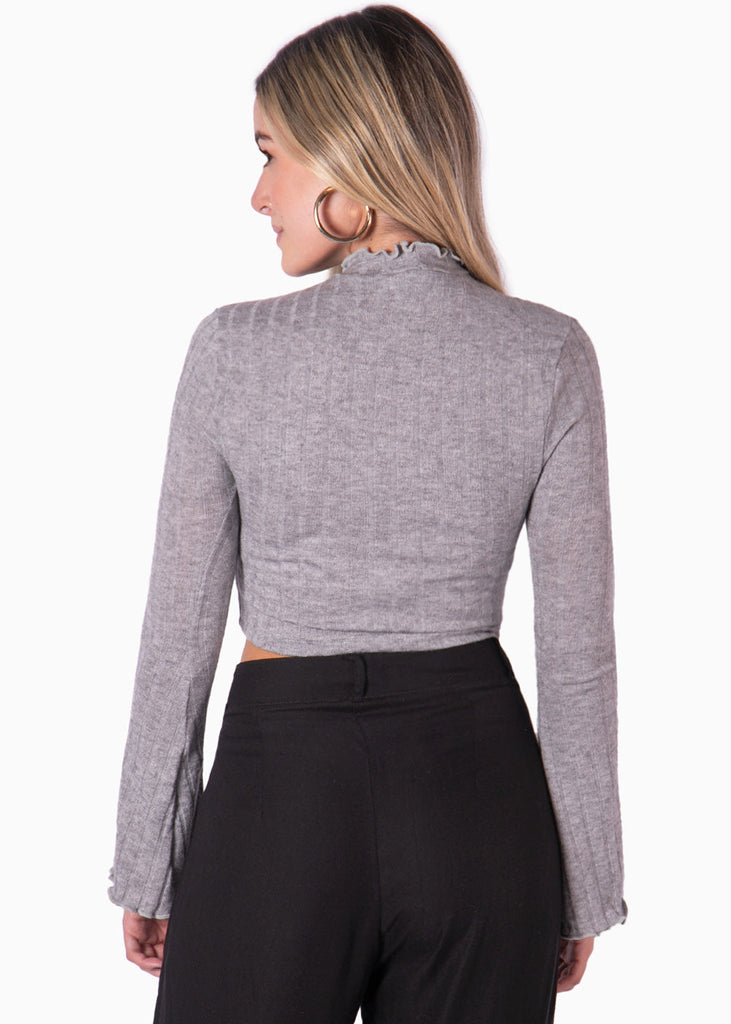 Crop top con cuello alto manga larga color gris para mujer - Flashy