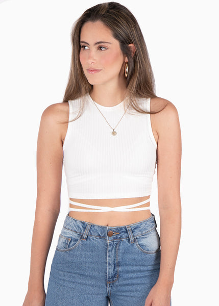 Crop top con cuello alto y anudados color blanco para mujer - Flashy