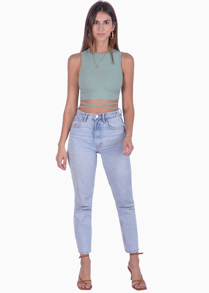 Crop top con cuello alto y anudados color verde para mujer - Flashy