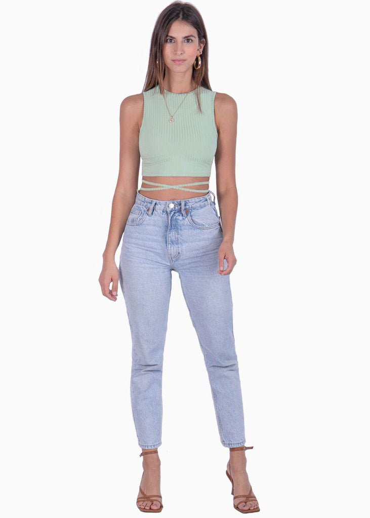 Crop top con cuello alto y anudados color verde para mujer - Flashy