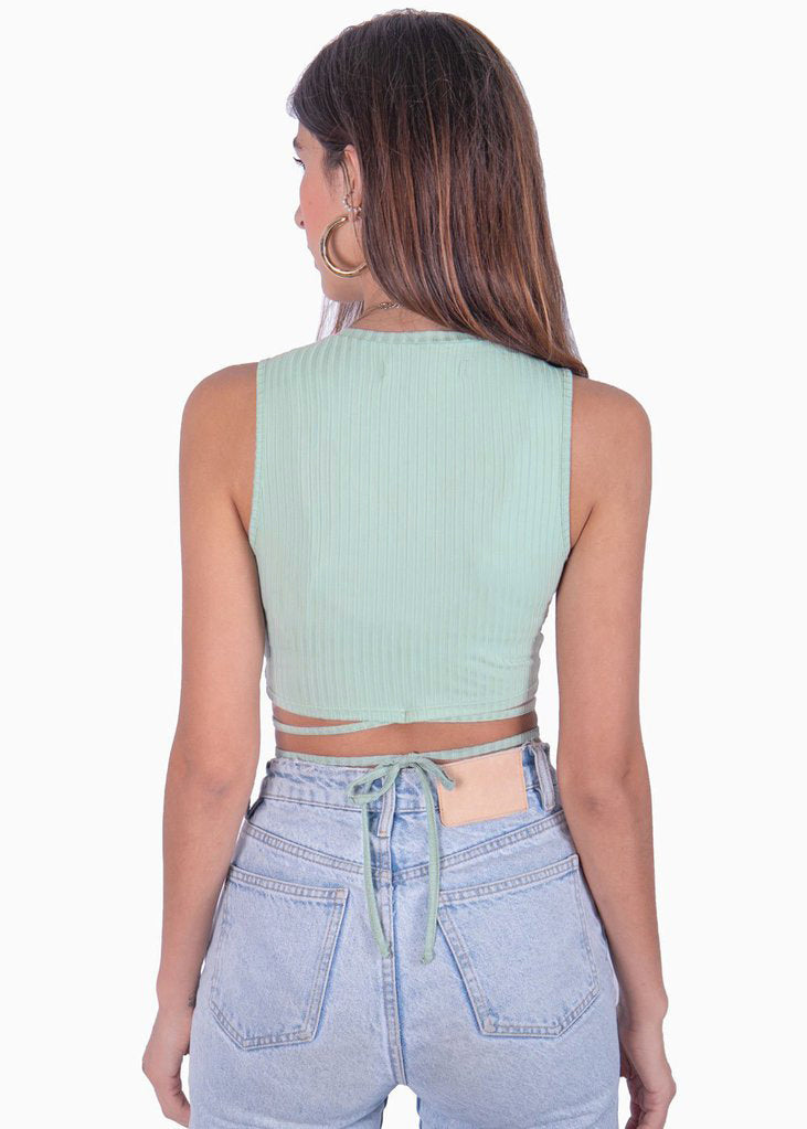 Crop top con cuello alto y anudados color verde para mujer - Flashy
