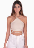 Crop top con cuello alto y anudados color beige para mujer - Flashy