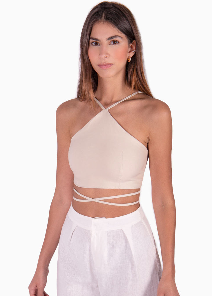 Crop top con cuello alto y anudados color beige para mujer - Flashy