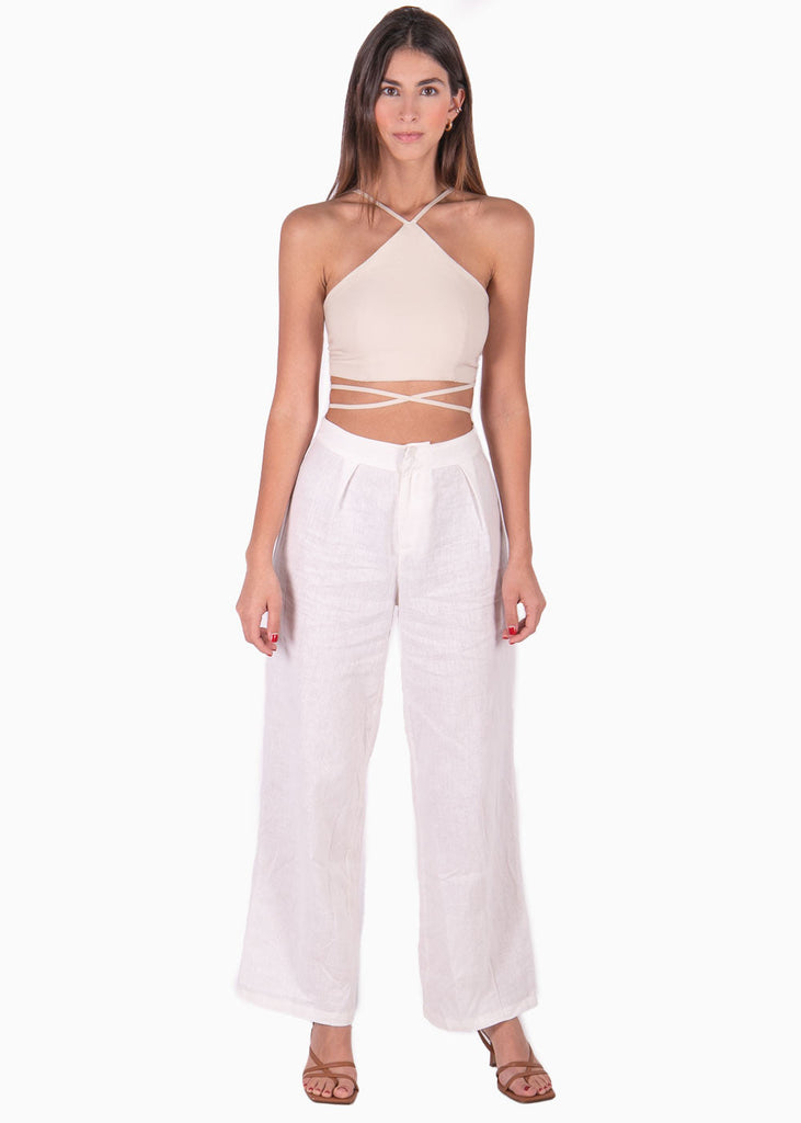 Crop top con cuello alto y anudados color beige para mujer - Flashy