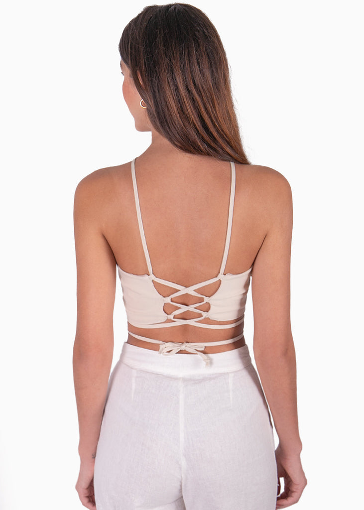 Crop top con cuello alto y anudados color beige para mujer - Flashy