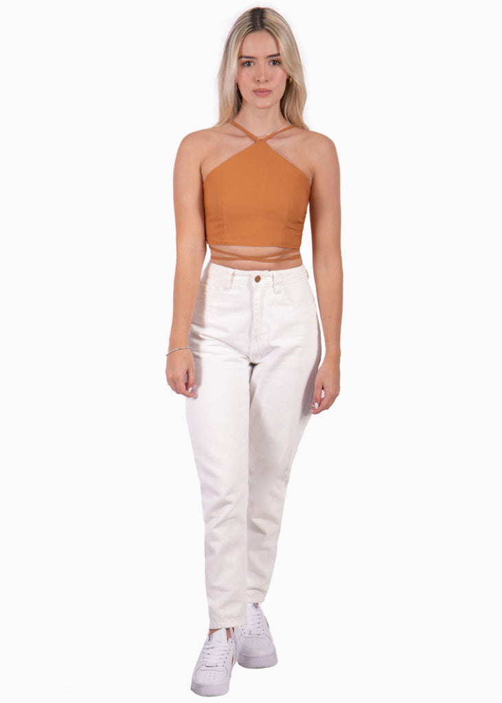 Crop top con cuello alto y anudados color camel para mujer - Flashy