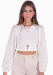 Crop top con entorchado y mangas abullonadas color blanco para mujer - Flashy