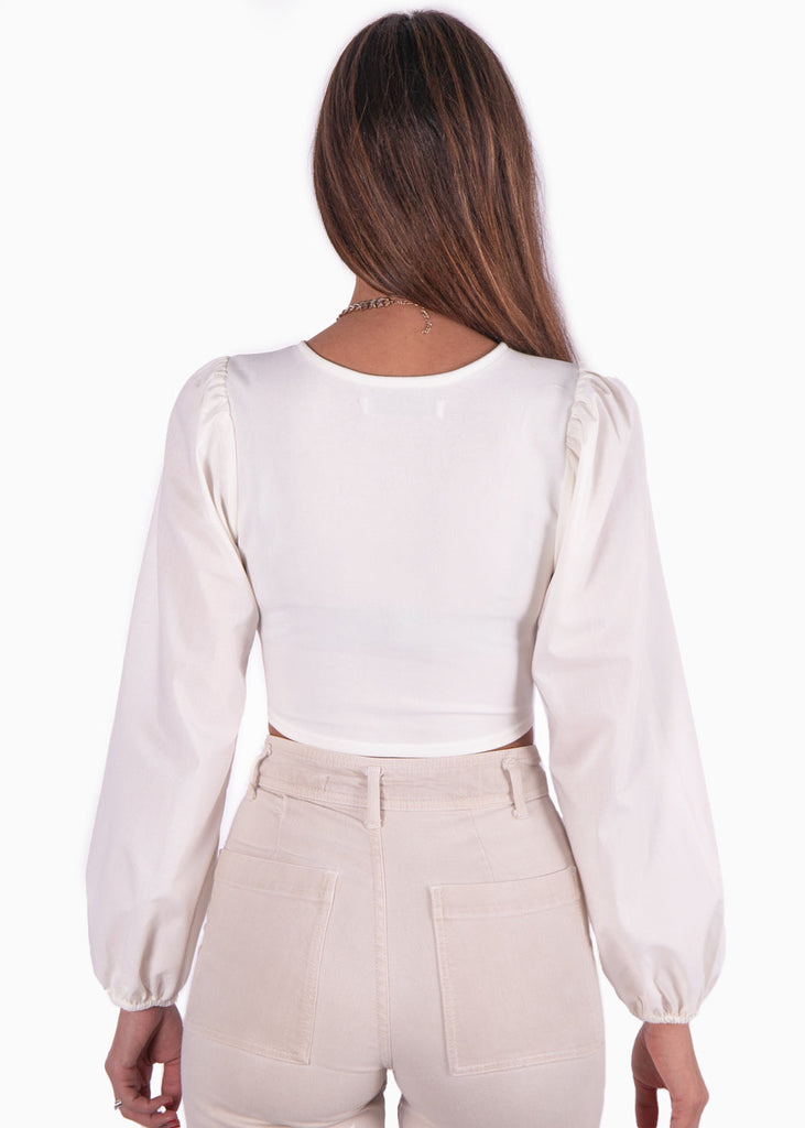 Crop top con entorchado y mangas abullonadas color blanco para mujer - Flashy