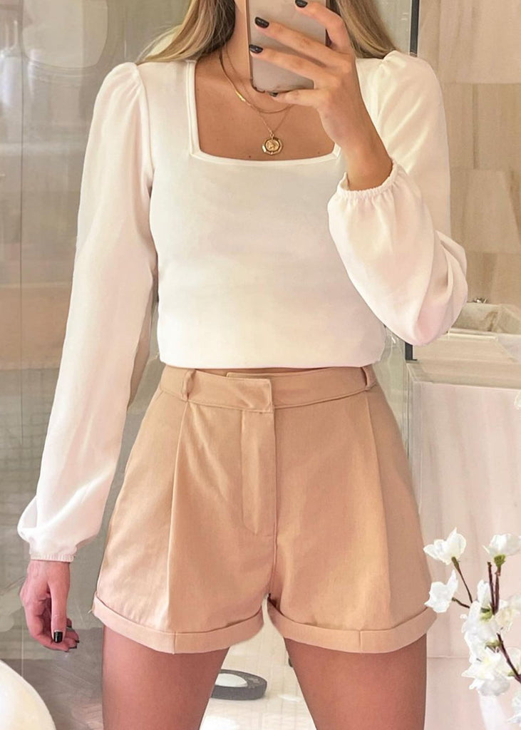 Short tiro alto de lino color beige para mujer - Flashy