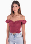 Crop top con escote campesino y recogidos color vino para mujer - Flashy