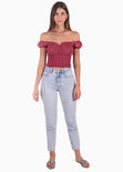 Crop top con escote campesino y recogidos color vino para mujer - Flashy