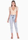 Crop top con escote cruzado y mangas abullonadas para mujer - Flashy