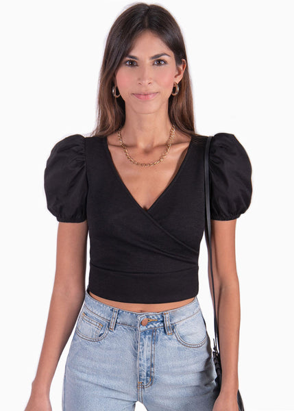 Crop top con escote cruzado y mangas abullonadas para mujer - Flashy