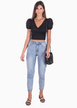 Crop top con escote cruzado y mangas abullonadas para mujer - Flashy