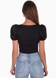Crop top con escote cruzado y mangas abullonadas para mujer - Flashy