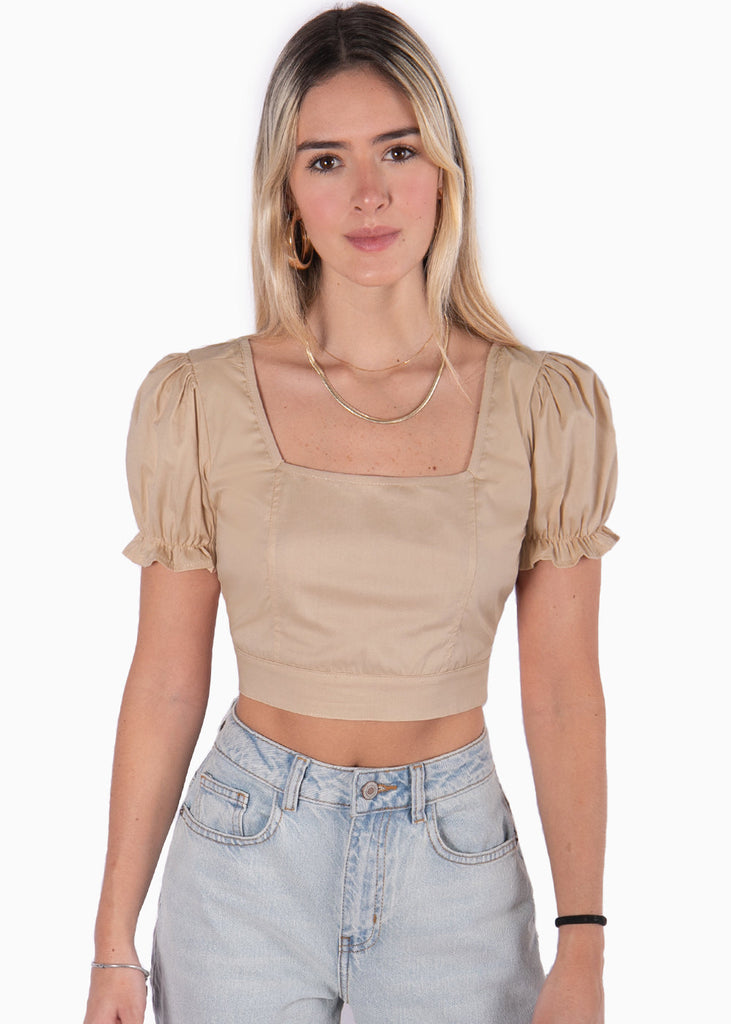 Crop top con escote cuadrado y anudado en la espalda color beige para mujer - Flashy