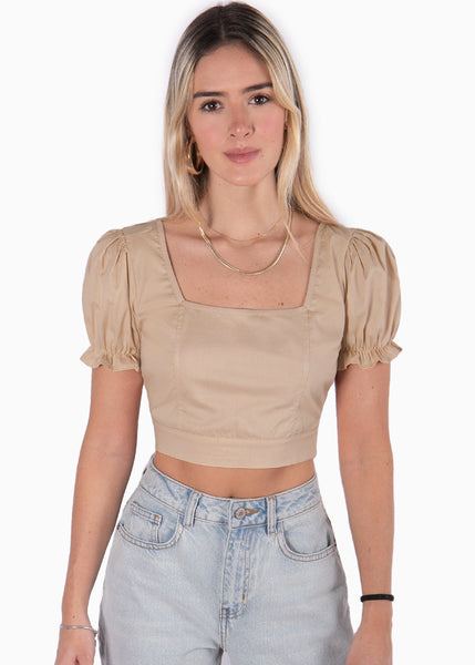 Crop top con escote cuadrado y anudado en la espalda color beige para mujer - Flashy