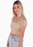Crop top con escote cuadrado y anudado en la espalda color beige para mujer - Flashy
